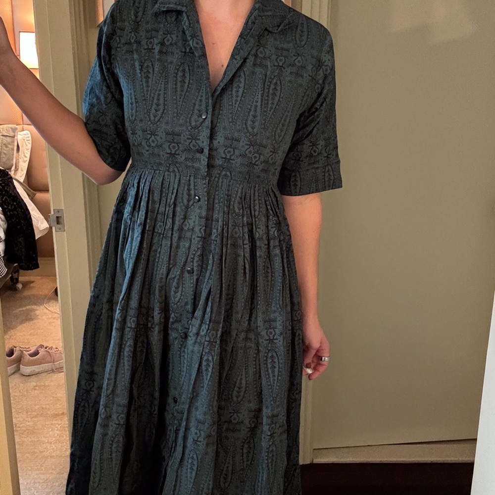 Emerald Motel Dark Green Vintage Patterned Midi Dress